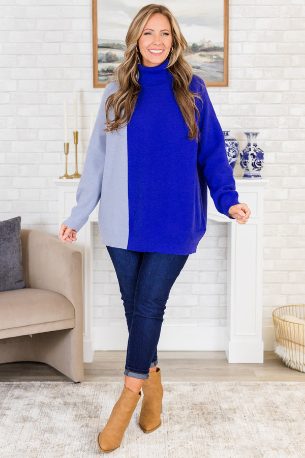 Chic Soul plus size clothing, long-sleeve royal blue sweater with fold-down turtle-neck