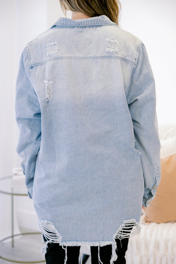 Chic Soul plus size clothing, light blue denim distressed shacket