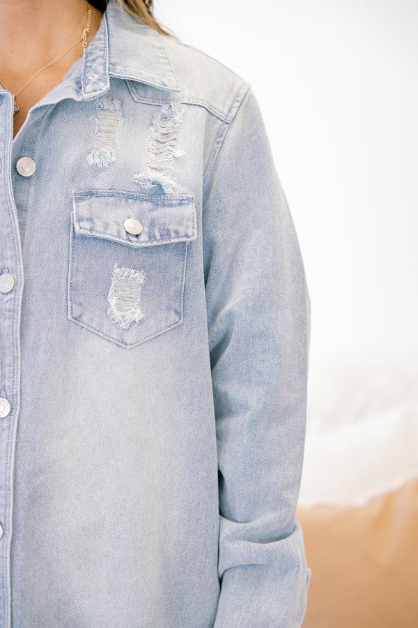 Chic Soul plus size clothing, light blue denim distressed shacket