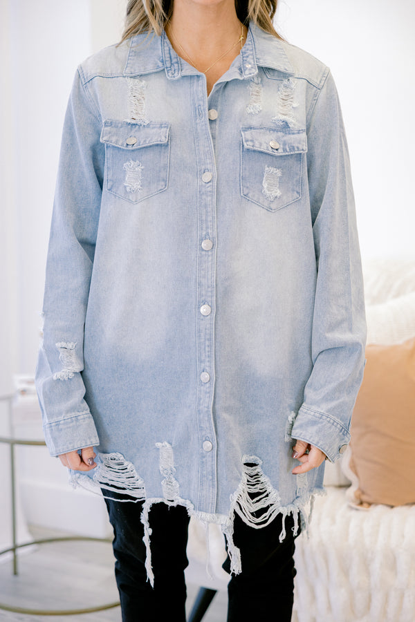 Chic Soul plus size clothing, light blue denim distressed shacket