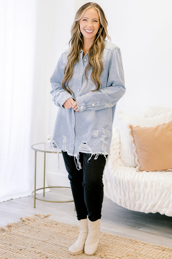 Chic Soul plus size clothing, light blue denim distressed shacket