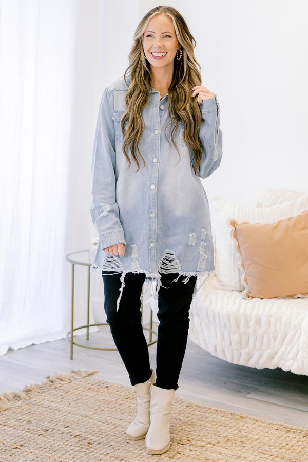 Chic Soul plus size clothing, light blue denim distressed shacket