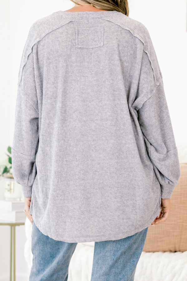Chic Soul plus size clothing, heather grey long sleeve half-button-up casual sweater top
