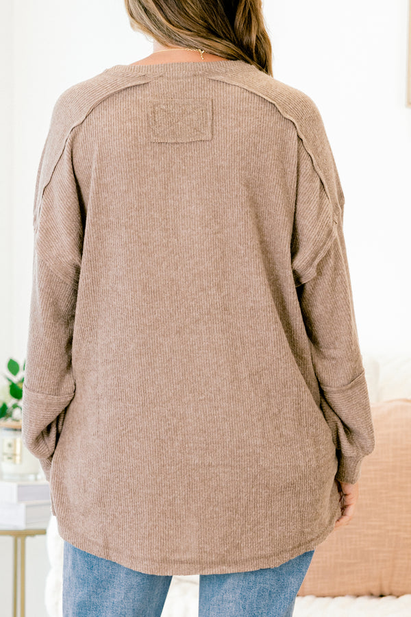 Chic Soul plus size clothing, Mocha sweater with long bubble sleeves buttons going down to the chest area an stitching details on the sleeves and bottom of the shirt