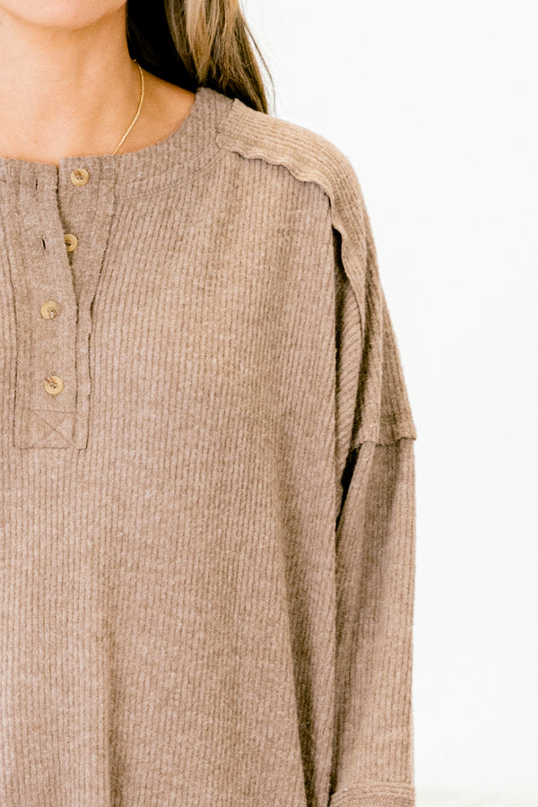 Chic Soul plus size clothing, Mocha sweater with long bubble sleeves buttons going down to the chest area an stitching details on the sleeves and bottom of the shirt