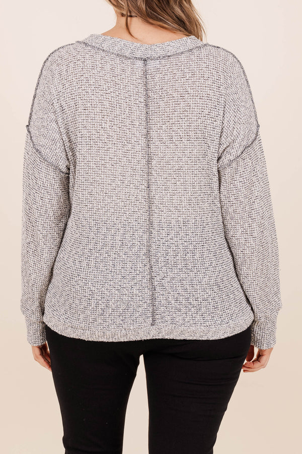 Chic Soul plus size clothing, grey color sweater regular fit and length heathered with outward seamlines