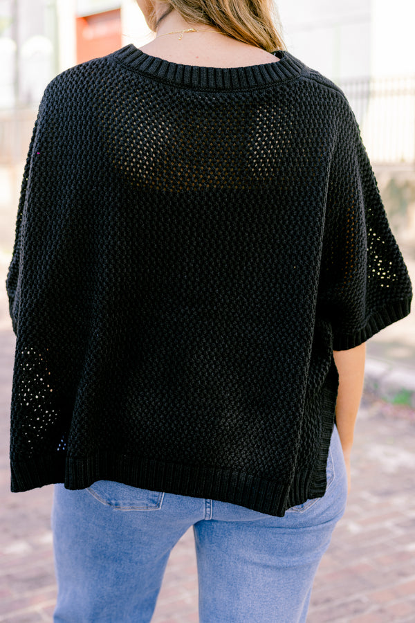 Chic Soul Plus size Clothing, Black sweater top with short sleeves and a woven pattern 