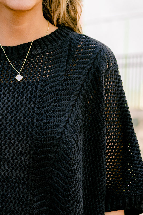 Chic Soul Plus size Clothing, Black sweater top with short sleeves and a woven pattern 