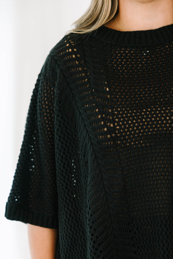Chic Soul Plus size Clothing, Black sweater top with short sleeves and a woven pattern 