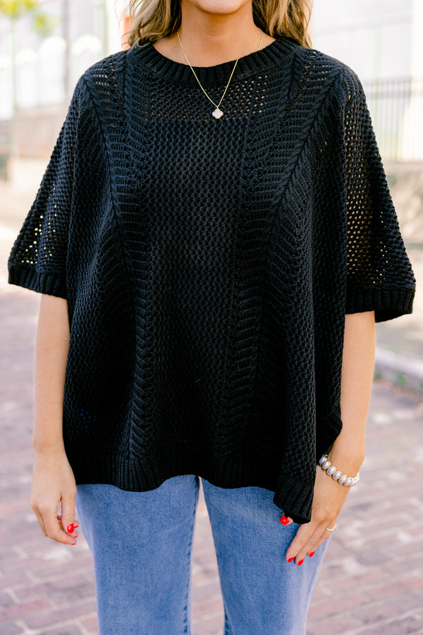 Chic Soul Plus size Clothing, Black sweater top with short sleeves and a woven pattern 