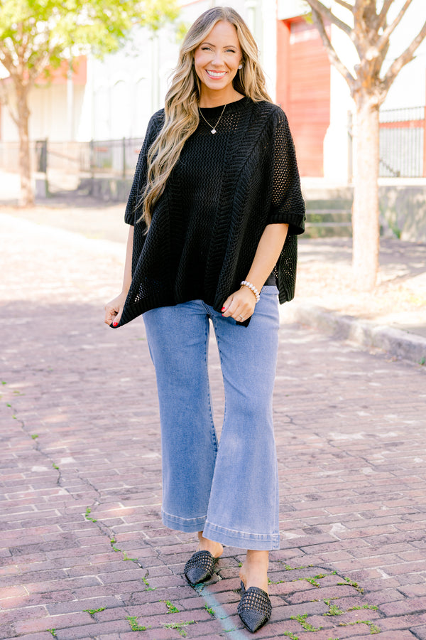 Chic Soul Plus size Clothing, Black sweater top with short sleeves and a woven pattern 