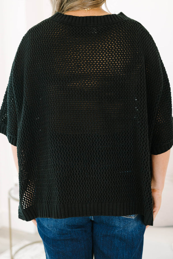 Chic Soul Plus size Clothing, Black sweater top with short sleeves and a woven pattern 
