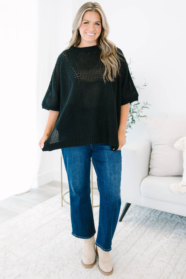 Chic Soul Plus size Clothing, Black sweater top with short sleeves and a woven pattern 