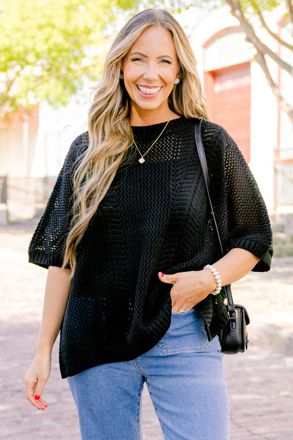 Chic Soul Plus size Clothing, Black sweater top with short sleeves and a woven pattern 