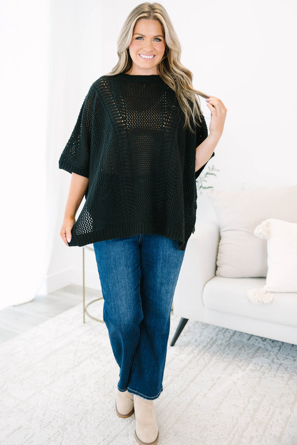 Chic Soul Plus size Clothing, Black sweater top with short sleeves and a woven pattern 