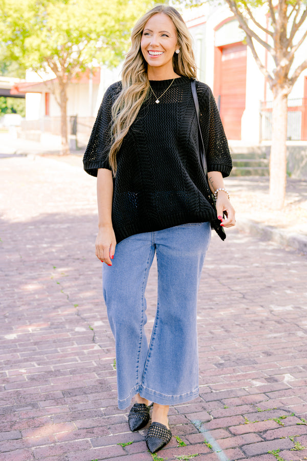 Chic Soul Plus size Clothing, Black sweater top with short sleeves and a woven pattern 