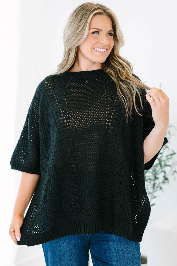 Chic Soul Plus size Clothing, Black sweater top with short sleeves and a woven pattern 