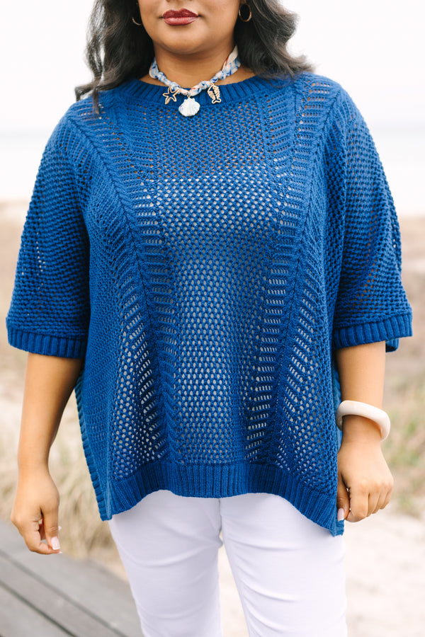 Chic Soul plus size clothing, short sleeve navy loose knit sweater top