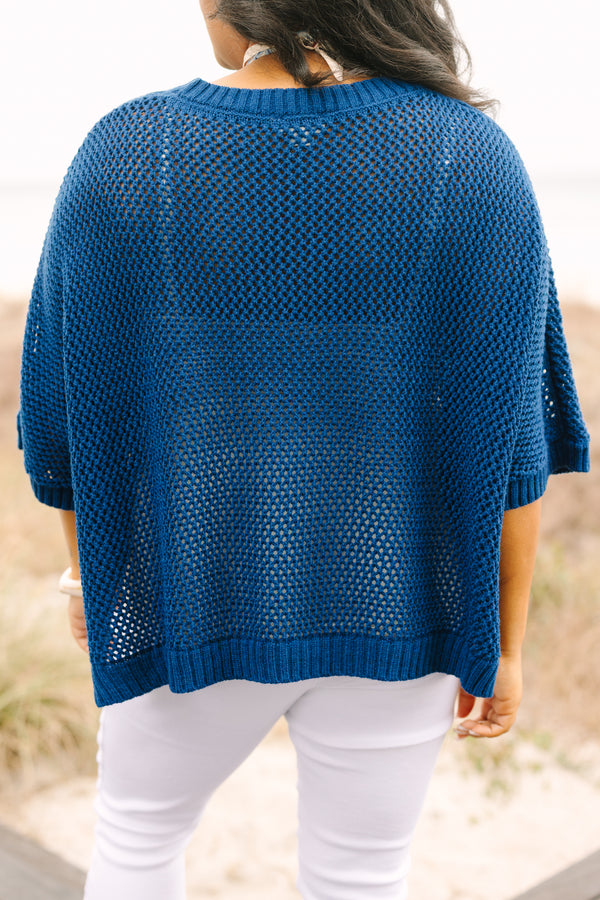 Chic Soul plus size clothing, short sleeve navy loose knit sweater top