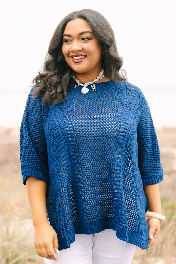 Chic Soul plus size clothing, short sleeve navy loose knit sweater top