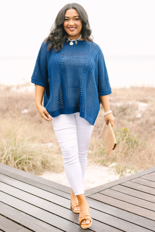 Chic Soul plus size clothing, short sleeve navy loose knit sweater top
