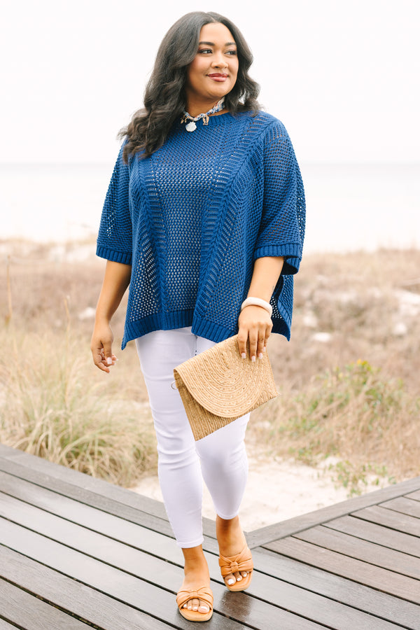 Chic Soul plus size clothing, short sleeve navy loose knit sweater top