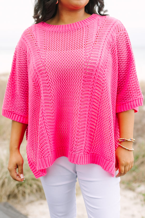 Chic Soul plus size clothing, pink crochet sweater with half sleeves that have a ribbed cuff look as well as ribbed detailing going around the neckline and bottom of the sweater 