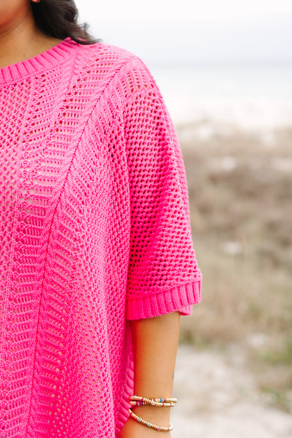 Chic Soul plus size clothing, pink crochet sweater with half sleeves that have a ribbed cuff look as well as ribbed detailing going around the neckline and bottom of the sweater 
