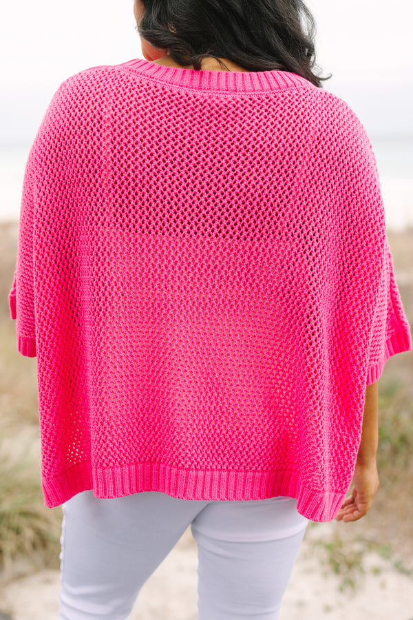 Chic Soul plus size clothing, pink crochet sweater with half sleeves that have a ribbed cuff look as well as ribbed detailing going around the neckline and bottom of the sweater 