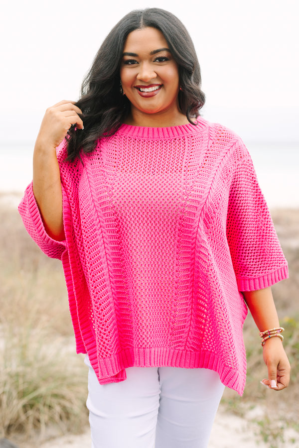 Chic Soul plus size clothing, pink crochet sweater with half sleeves that have a ribbed cuff look as well as ribbed detailing going around the neckline and bottom of the sweater 