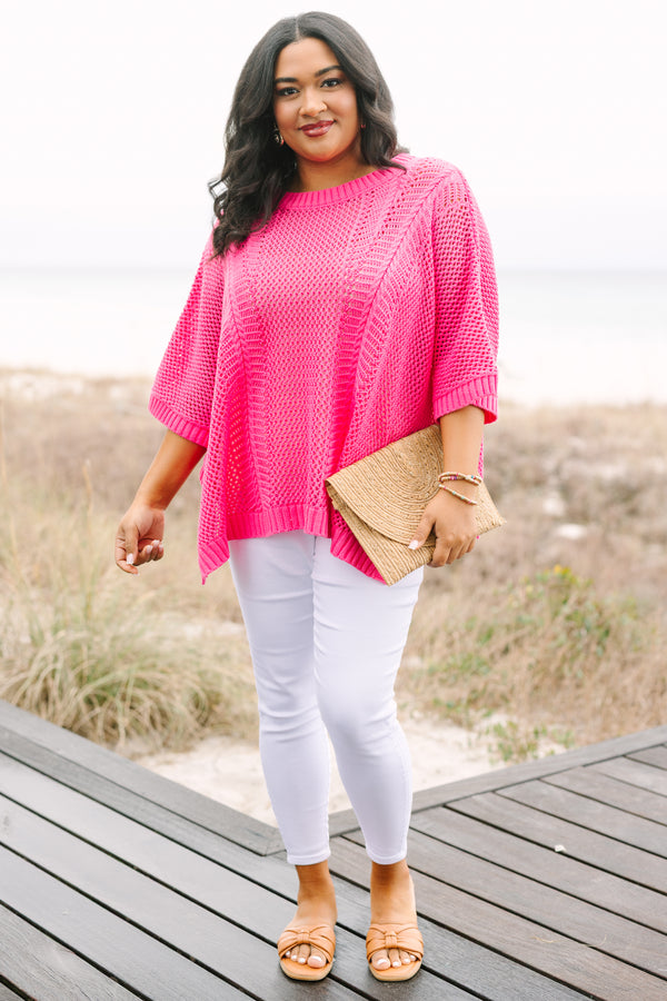 Chic Soul plus size clothing, pink crochet sweater with half sleeves that have a ribbed cuff look as well as ribbed detailing going around the neckline and bottom of the sweater 