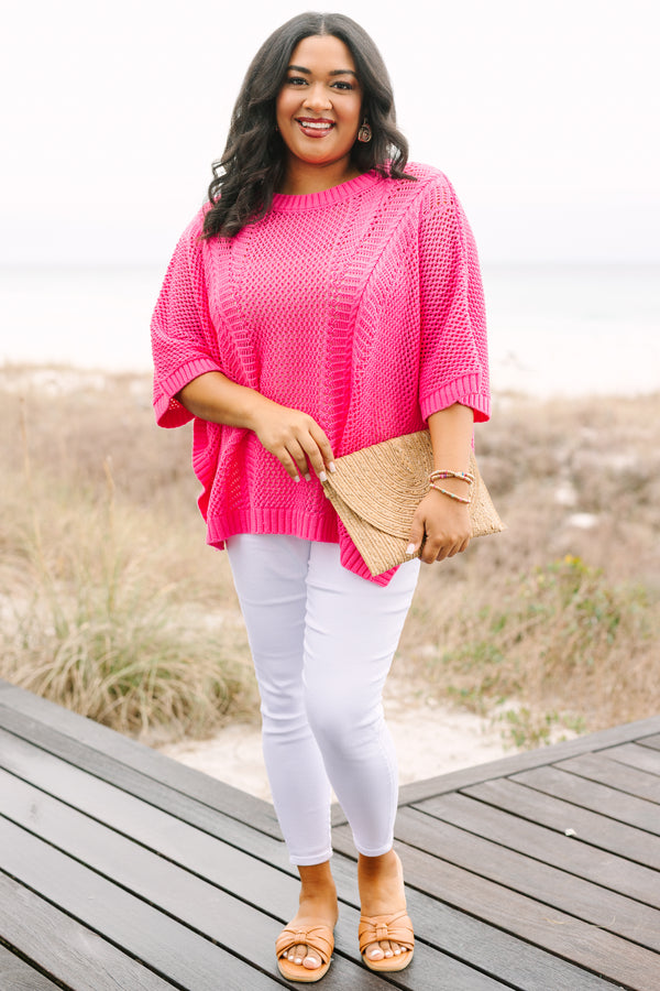 Chic Soul plus size clothing, pink crochet sweater with half sleeves that have a ribbed cuff look as well as ribbed detailing going around the neckline and bottom of the sweater 