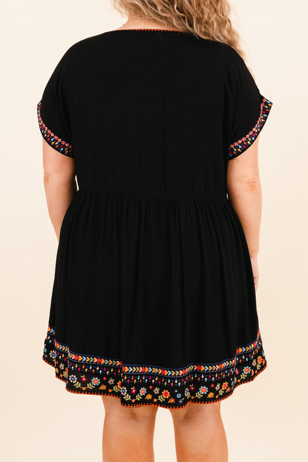 Chic Soul plus size clothing, black babydoll flowy dress with multicolor embroidery detailing