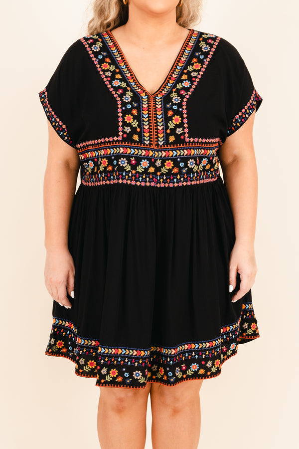 Chic Soul plus size clothing, black babydoll flowy dress with multicolor embroidery detailing