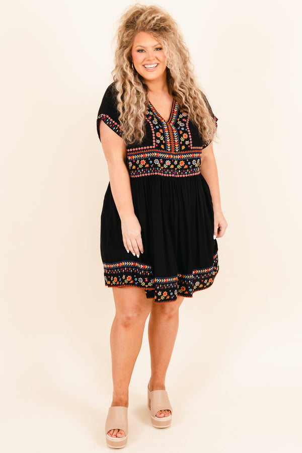 Chic Soul plus size clothing, black babydoll flowy dress with multicolor embroidery detailing