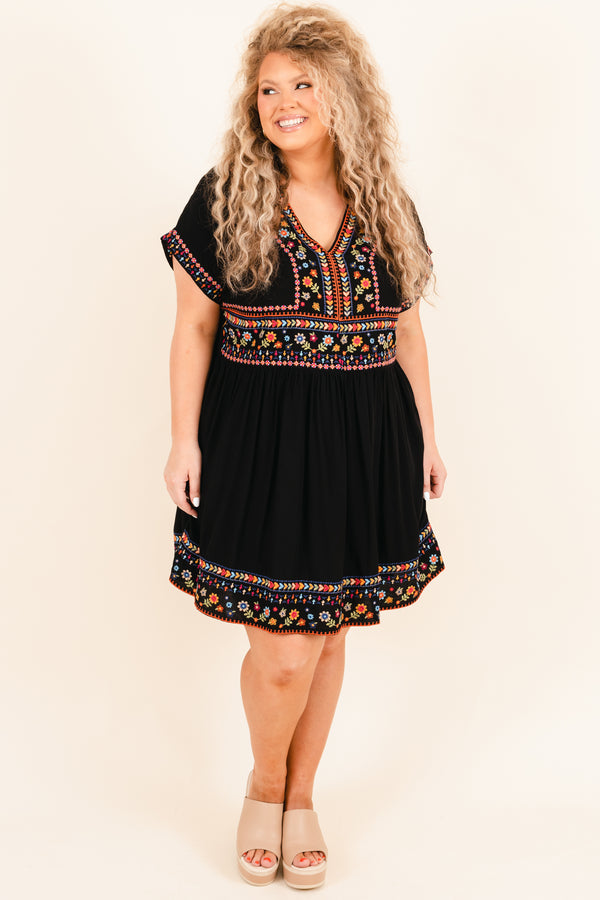 Chic Soul plus size clothing, black babydoll flowy dress with multicolor embroidery detailing