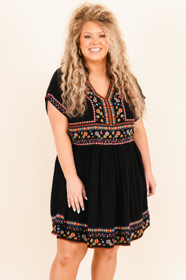 Chic Soul plus size clothing, black babydoll flowy dress with multicolor embroidery detailing