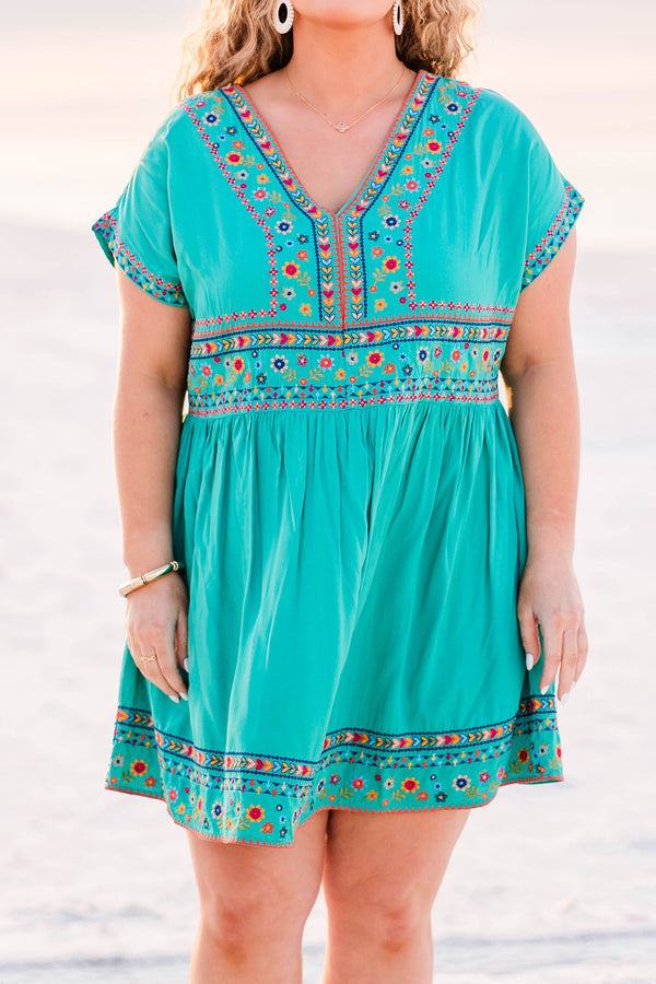 Chic Soul plus size clothing, emerald short sleeve mini dress with v neck and floral embroidery along bottom of the dress, waist, neckline, and sleeves
