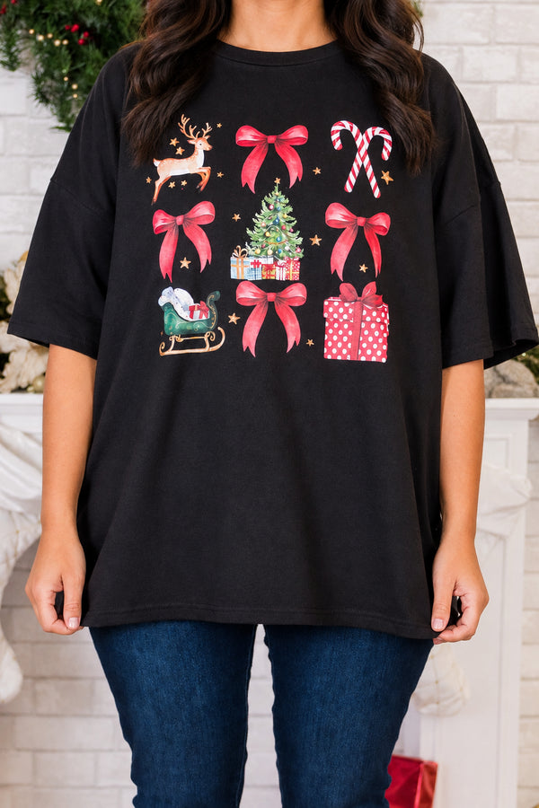 Chic Soul plus size clothing, black short sleeve boyfriend tee with round neckline with 3x3 graphic of bows, candy canes, sleigh, tree, present and deer graphics