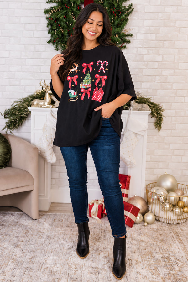 Chic Soul plus size clothing, black short sleeve boyfriend tee with round neckline with 3x3 graphic of bows, candy canes, sleigh, tree, present and deer graphics