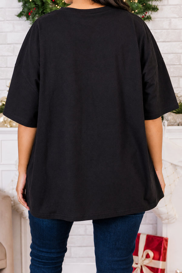 Chic Soul plus size clothing, black short sleeve boyfriend tee with round neckline with 3x3 graphic of bows, candy canes, sleigh, tree, present and deer graphics