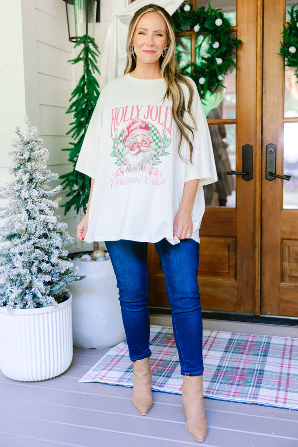 Chic Soul plus size clothing, ivory short sleeve boyfriend tee with a vintage Santa graphic and 