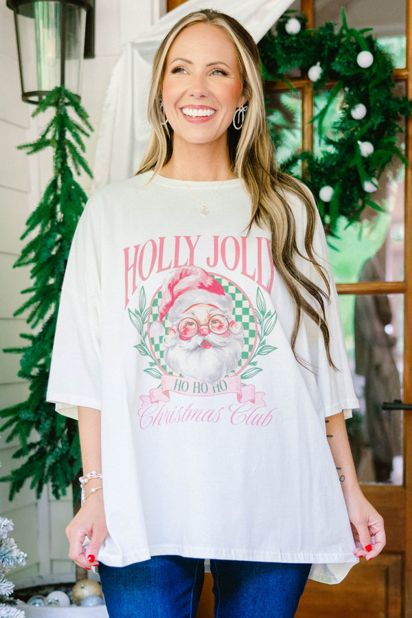 Chic Soul plus size clothing, ivory short sleeve boyfriend tee with a vintage Santa graphic and 