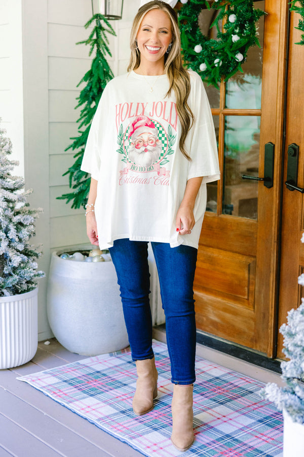Chic Soul plus size clothing, ivory short sleeve boyfriend tee with a vintage Santa graphic and 