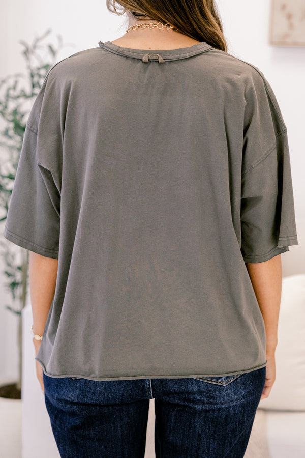 Chic Soul plus size clothing, charcoal grey short sleeve slightly cropped graphic tee with 