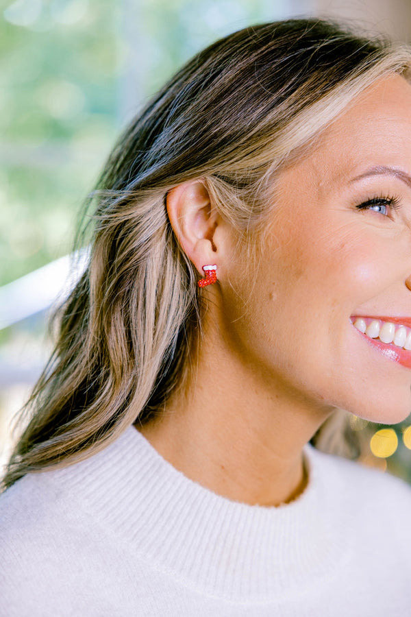 Chic Soul plus size clothing, red sparkly stocking stud earrings