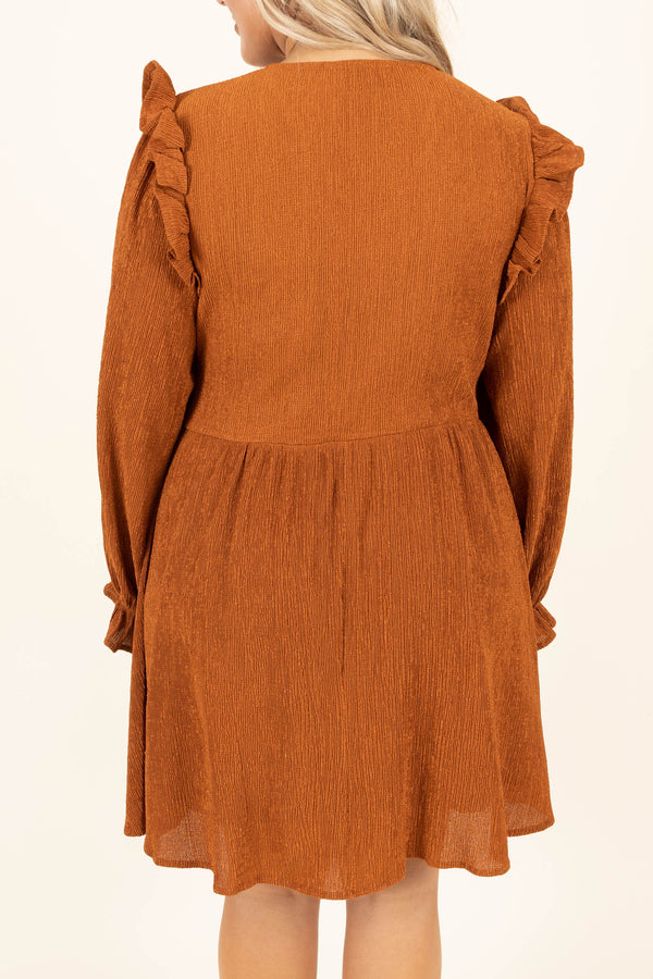 Chic Soul plus size clothing, caramel colored short dress with long ruffle sleeves