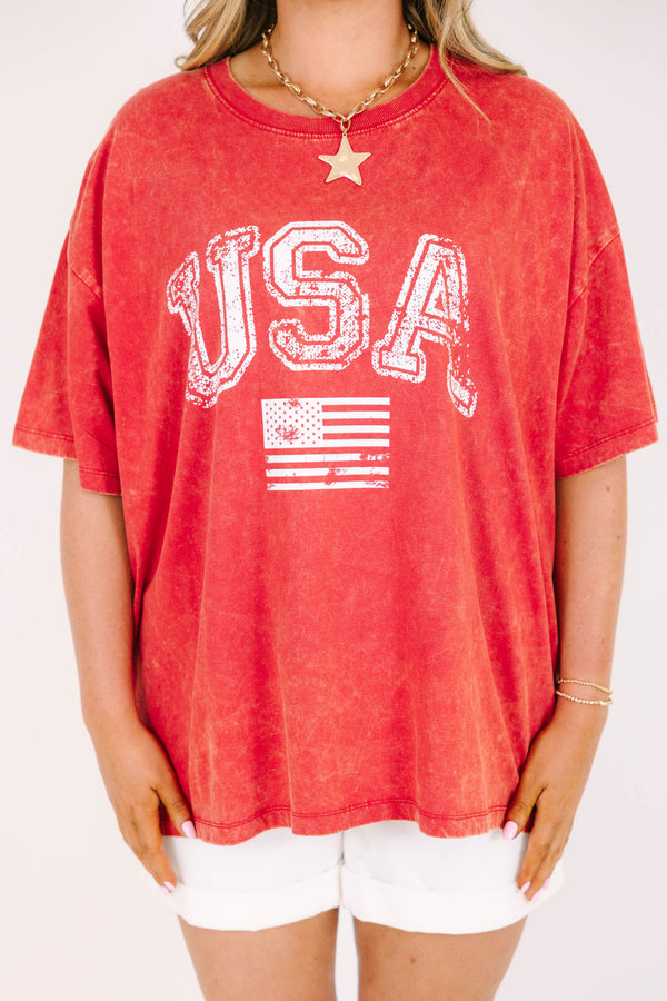 dark red acid wash relaxed tee with USA graphic