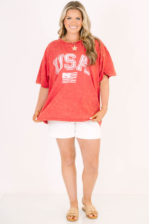 dark red acid wash relaxed tee with USA graphic
