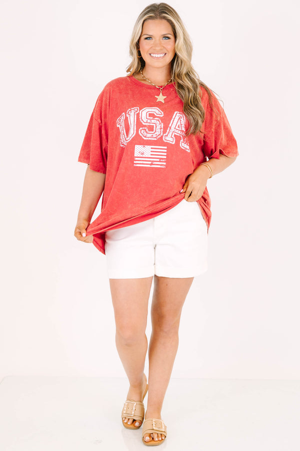 dark red acid wash relaxed tee with USA graphic
